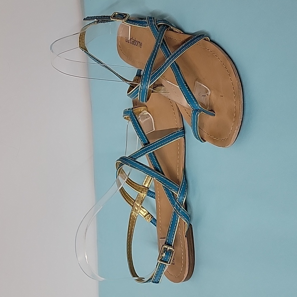 Liz Claiborne Criss Cross Ankle Wrap Thong Sandals Teal Gold Flats  Size 9